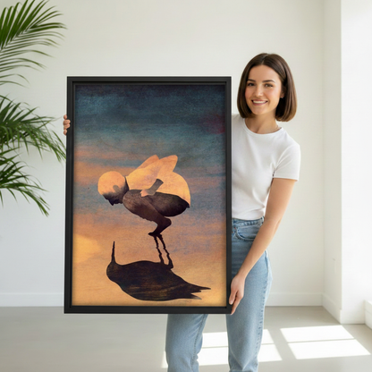 Woman holding surreal bird shadow oil painting canvas wall art print with black frame, white studio background