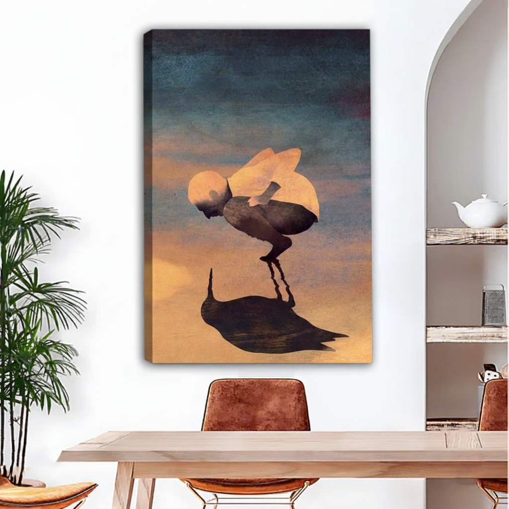 Surreal bird shadow soul oil painting gallery wrap canvas art on white wall, frameless modern eclectic home decor