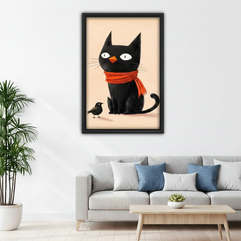 Whimsical black cat bird disguise framed poster art on kids bedroom wall above bunk bed