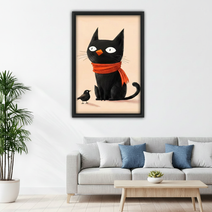 Whimsical black cat bird disguise framed poster art on kids bedroom wall above bunk bed