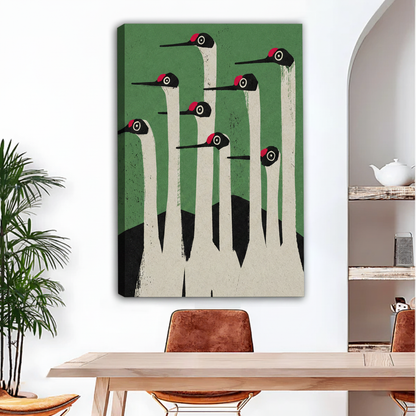 Seven cranes minimalist canvas wall art no frame gallery wrap in dining room, Japanese inspired green bird print for eclectic home decor