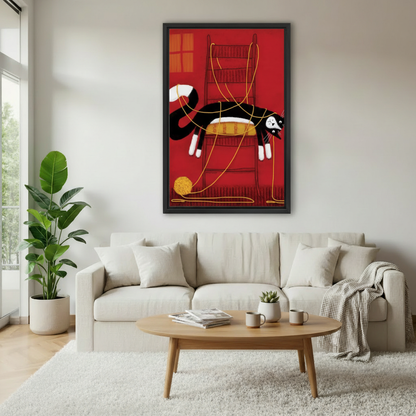 Tuxedo cat tangled in yarn whimsical framed canvas hanging in bright modern living room with plants — colorful animal wall art decor