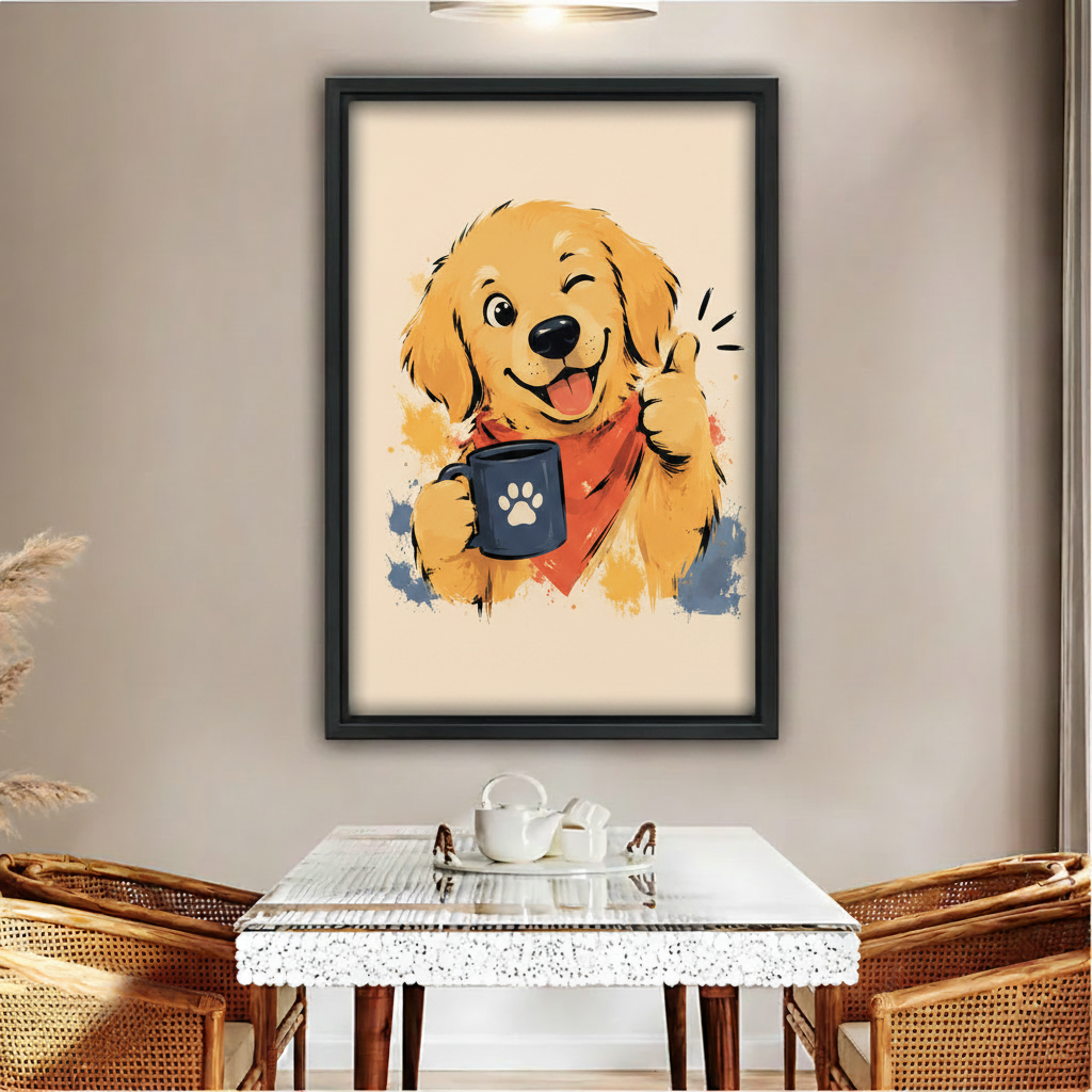 Cute Golden Retriever Puppy Watercolor Wall Art Framed l2037