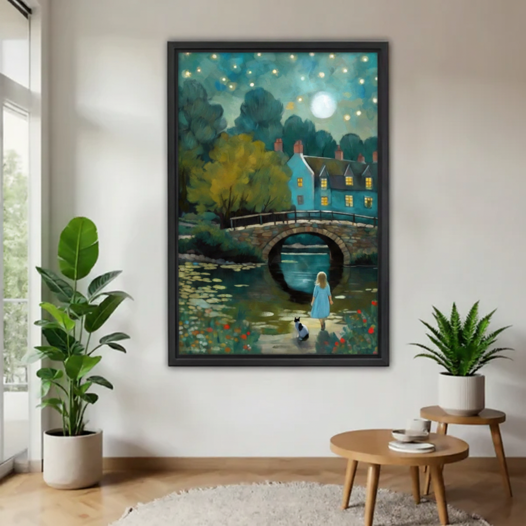 Moonlit girl and cat by stone bridge fantasy oil painting canvas wall art — dreamy night scene, framed, modern home decor