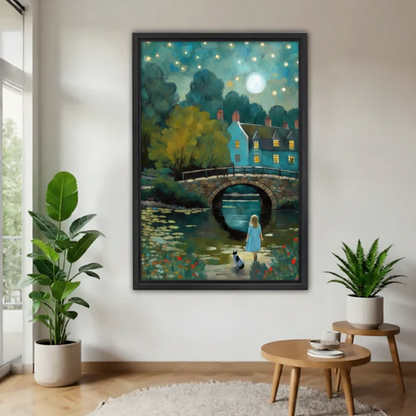 Moonlit girl and cat by stone bridge fantasy oil painting canvas wall art — dreamy night scene, framed, modern home decor