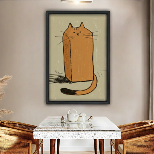 Orange loaf cat sketch framed canvas wall art print above glass coffee table with rattan chairs
