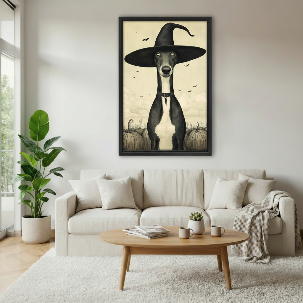 Greyhound witch hat gothic framed canvas wall art print in black frame — dark dog art home decor