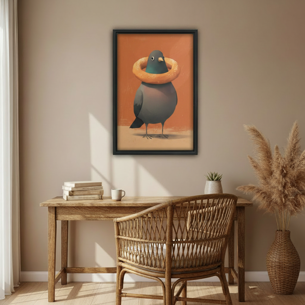Chubby pigeon bagel canvas wall art black frame – vintage oil painting above cream sofa in Scandinavian living room