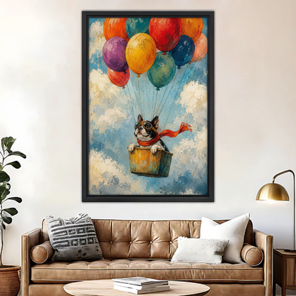 French Bulldog balloon wall art print in black frame — whimsical dog with goggles and red scarf floating in colorful sky