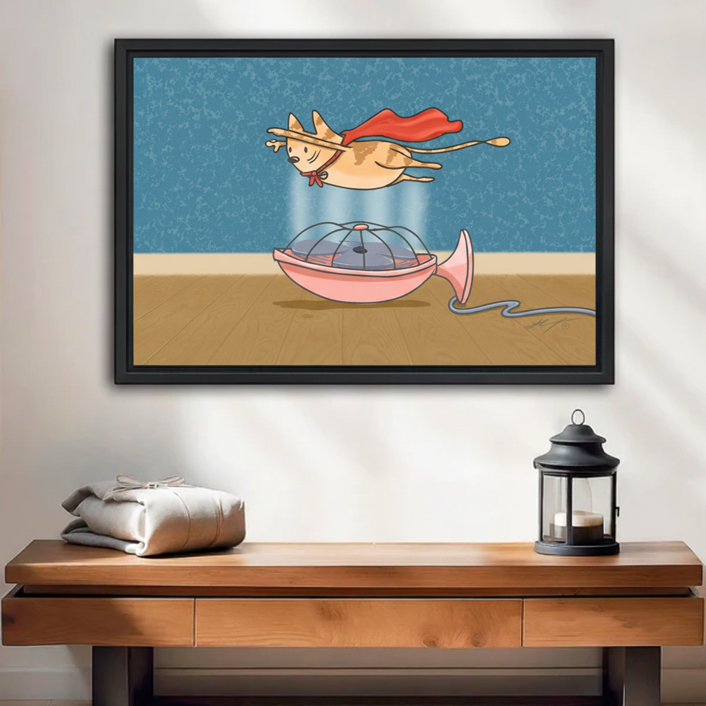 Funny super cat flying in fan wind canvas wall art in black floater frame — whimsical cat hero print for living room