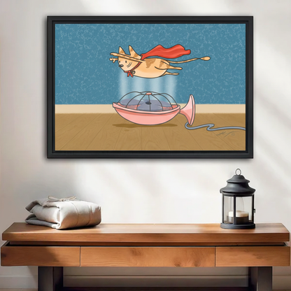 Funny super cat flying in fan wind canvas wall art in black floater frame — whimsical cat hero print for living room