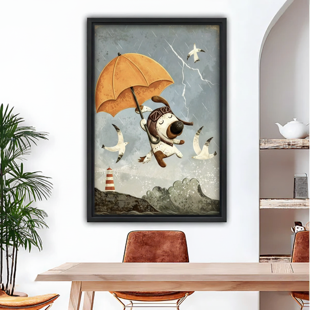 Whimsical flying dog with orange umbrella framed wall art print, vintage storybook style above dining table