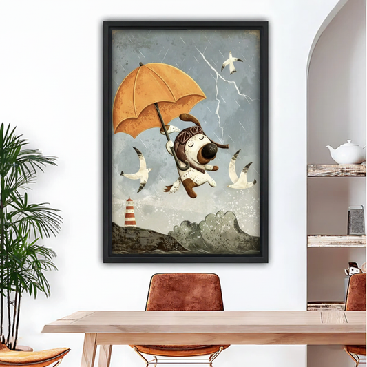 Whimsical flying dog with orange umbrella framed wall art print, vintage storybook style above dining table