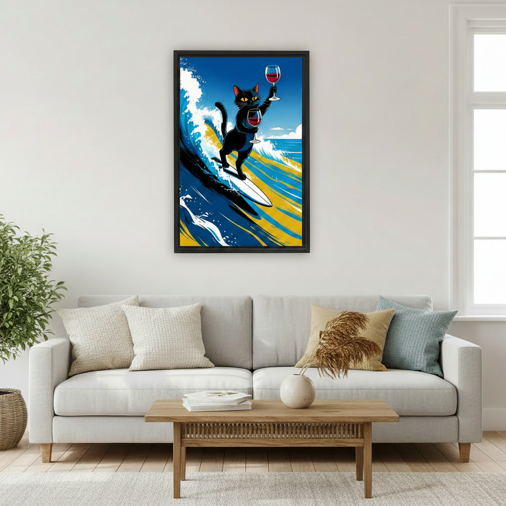 Surfing Cat Wine Funny Animal Wall Art Print l1978