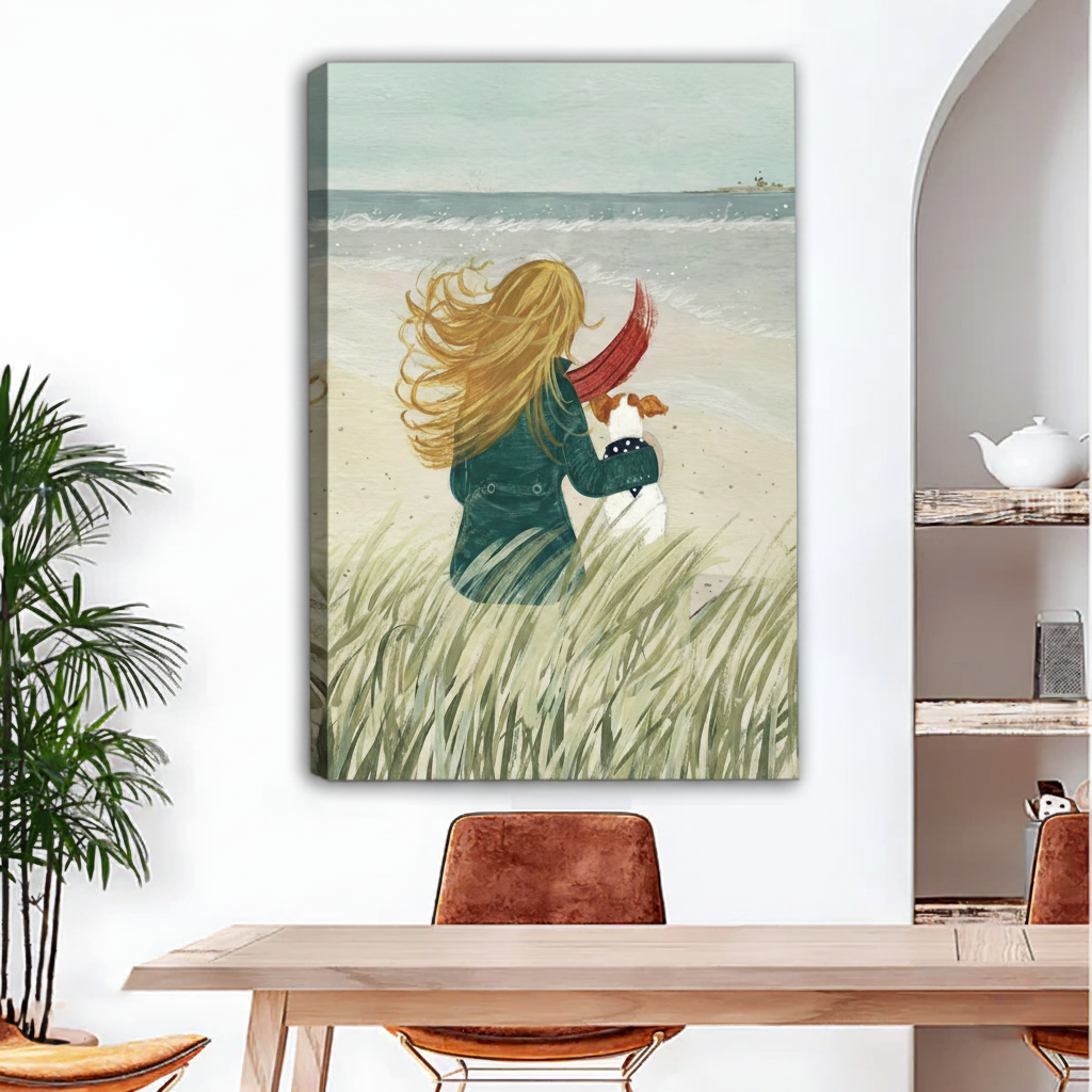 Unframed coastal art print of woman and dog in sea grass – dreamy beach wall decor for living room