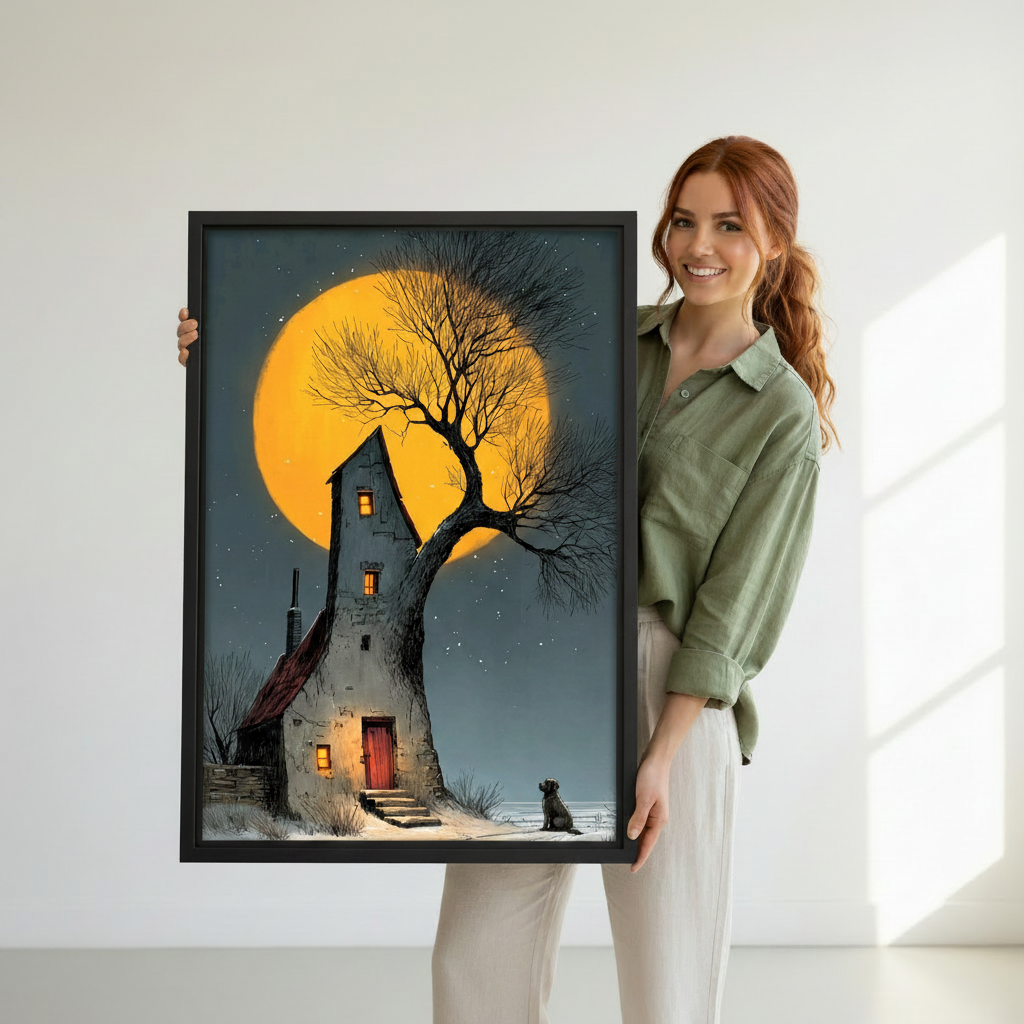 Woman holding moonlit cottage dog gothic framed art print against white wall — dark fantasy wall art lifestyle photo