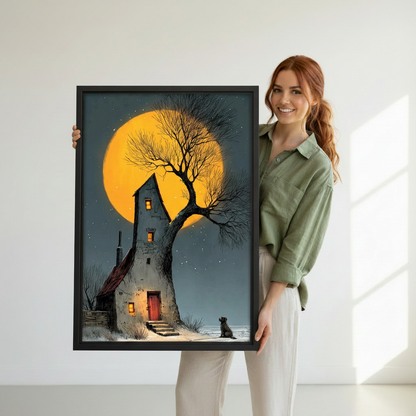 Woman holding moonlit cottage dog gothic framed art print against white wall — dark fantasy wall art lifestyle photo