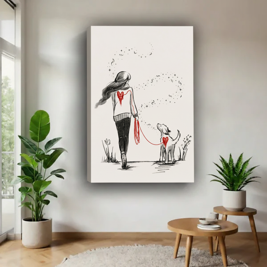 Girl walking dog canvas art print — poetic minimalist sketch of woman and dog strolling together with drifting stars and heart motifs