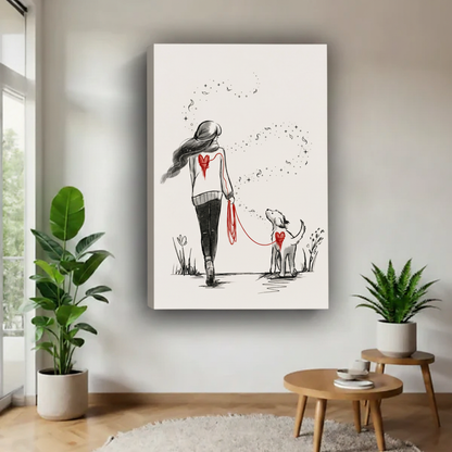 Girl walking dog canvas art print — poetic minimalist sketch of woman and dog strolling together with drifting stars and heart motifs