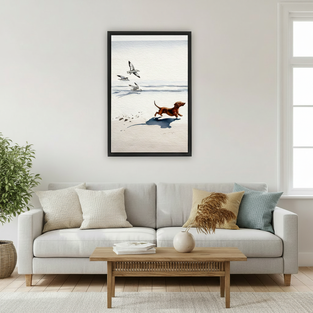 Dachshund Beach Run Seagull Watercolor Wall Art Print l1988