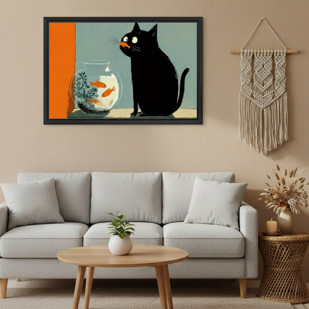 Black Cat Goldfish Bowl Retro Wall Art Print l2000