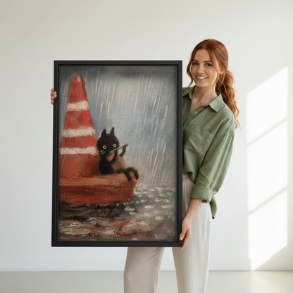 Woman holding black cat rain oil painting canvas print — whimsical cat wall art, perfect cat lover gift