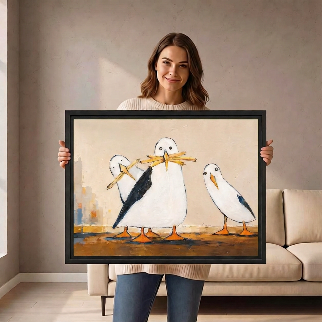 Whimsical Seagull Canvas Wall Art | Framed & Unframed l5099