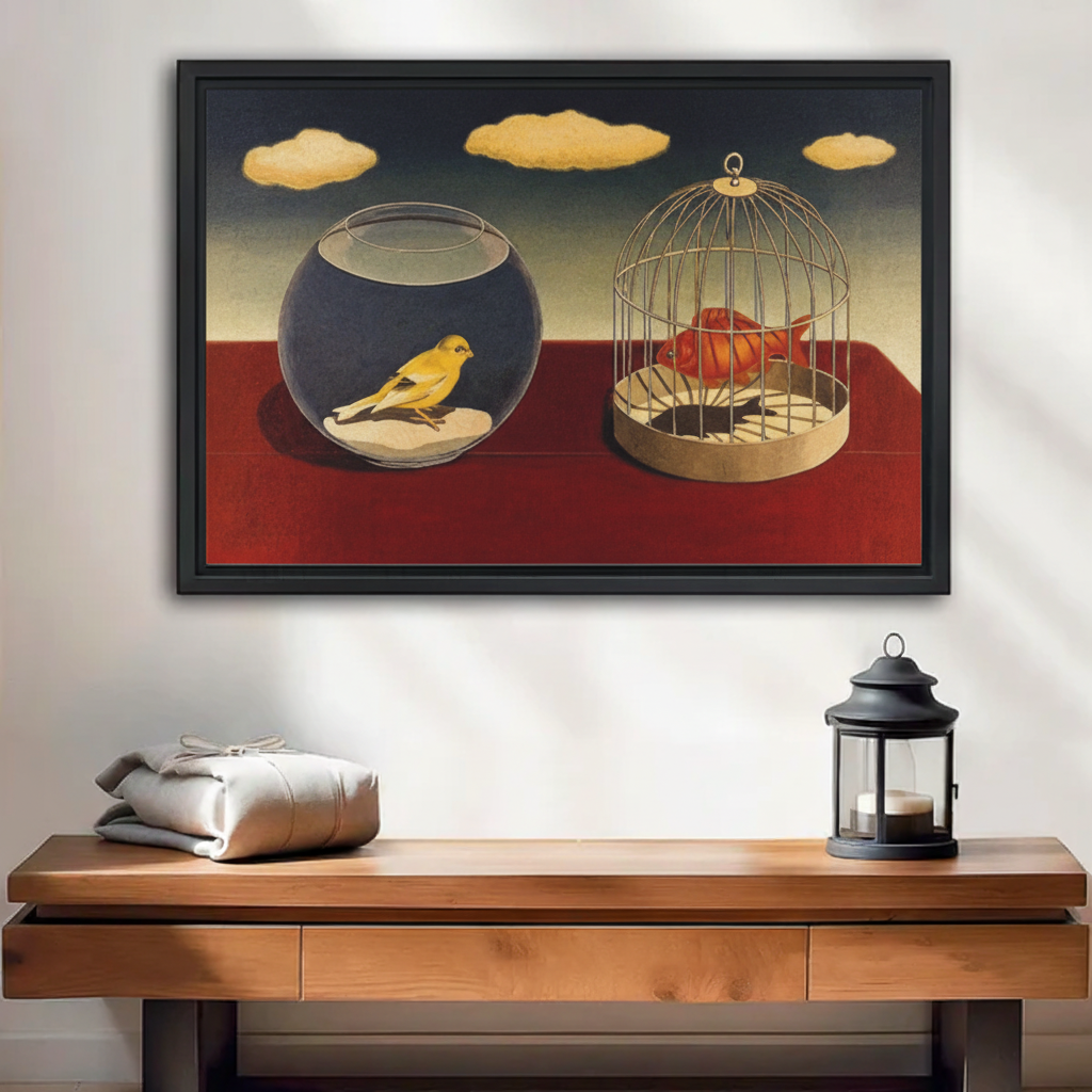 Surrealist bird fish swap framed canvas wall art with black float frame — dreamlike canary fishbowl print