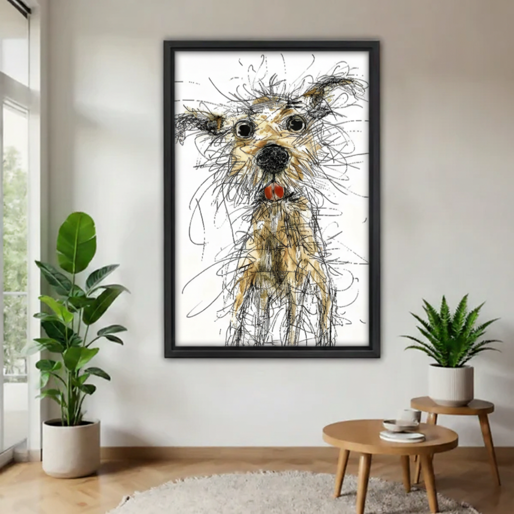 Scruffy dog ink sketch framed canvas wall art hanging in minimalist living room