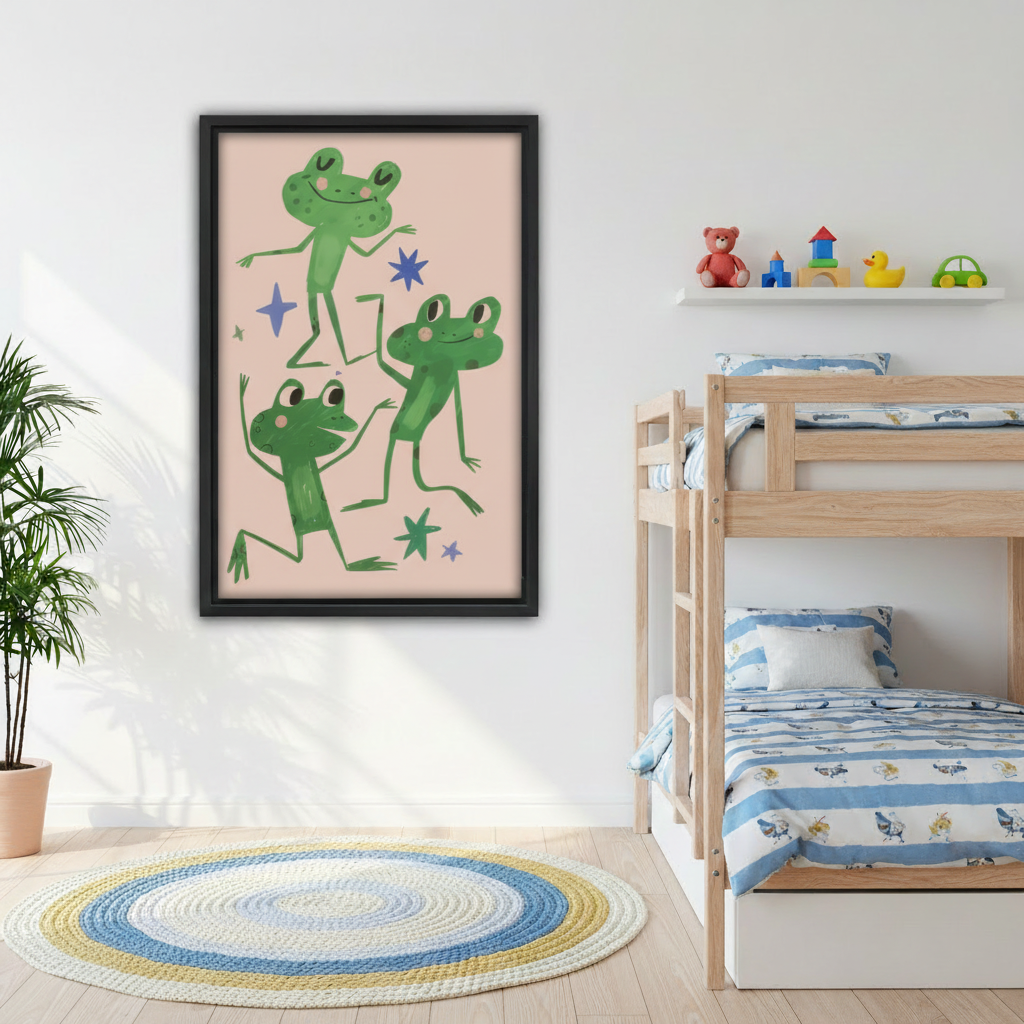 Cute dancing frogs framed wall art print on kids bedroom wall above bunk bed, playful decor
