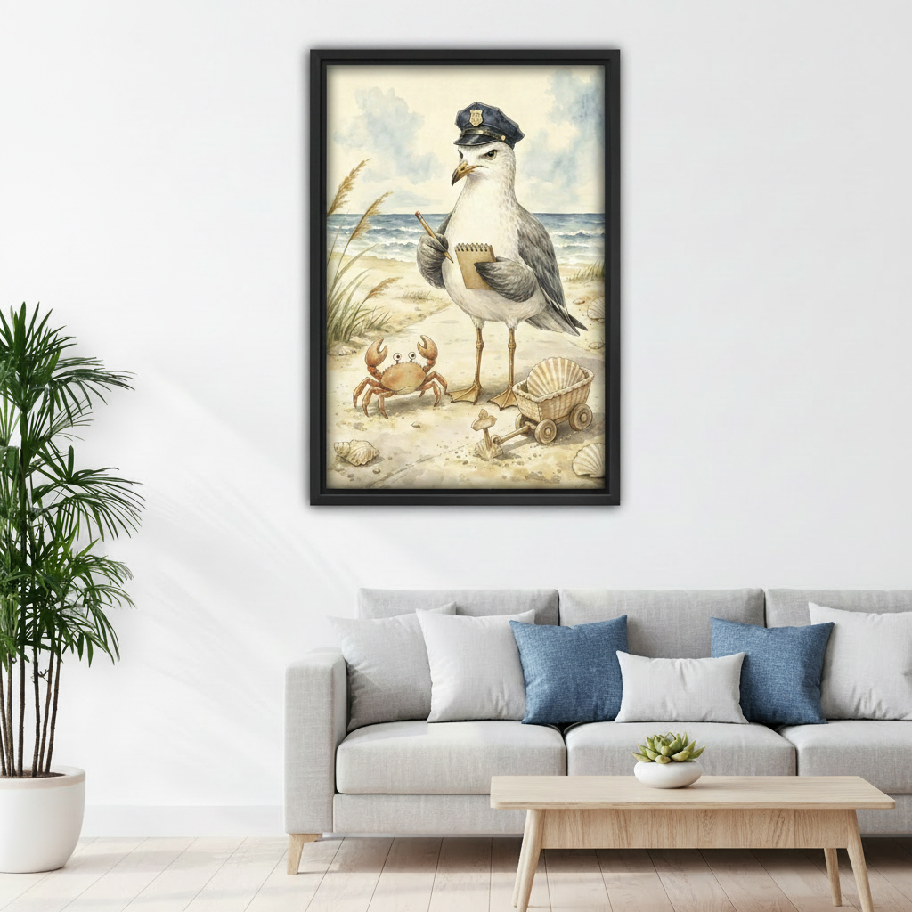 Funny seagull police officer framed print above living room sofa, humorous beach watercolor wall art for coastal home decor