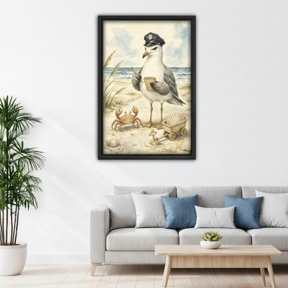 Funny seagull police officer framed print above living room sofa, humorous beach watercolor wall art for coastal home decor