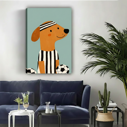 Gallery wrap soccer dog canvas print in modern home office with white desk