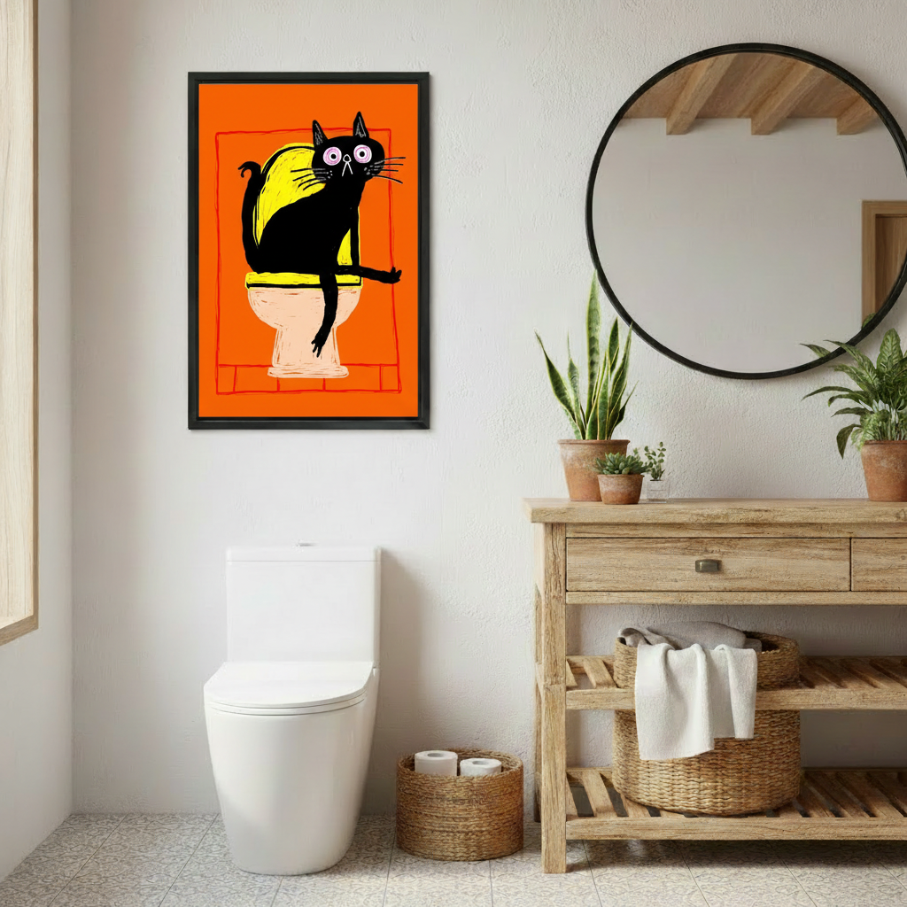 Quirky black cat sitting on toilet art print in rustic bathroom setting, funny orange wall decor