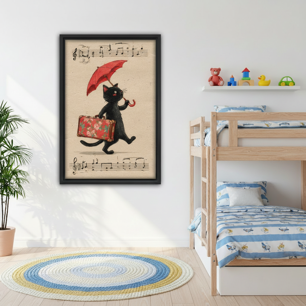Vintage black cat with red umbrella canvas wall art above gray sofa — whimsical music sheet cat illustration, eclectic home decor for living room