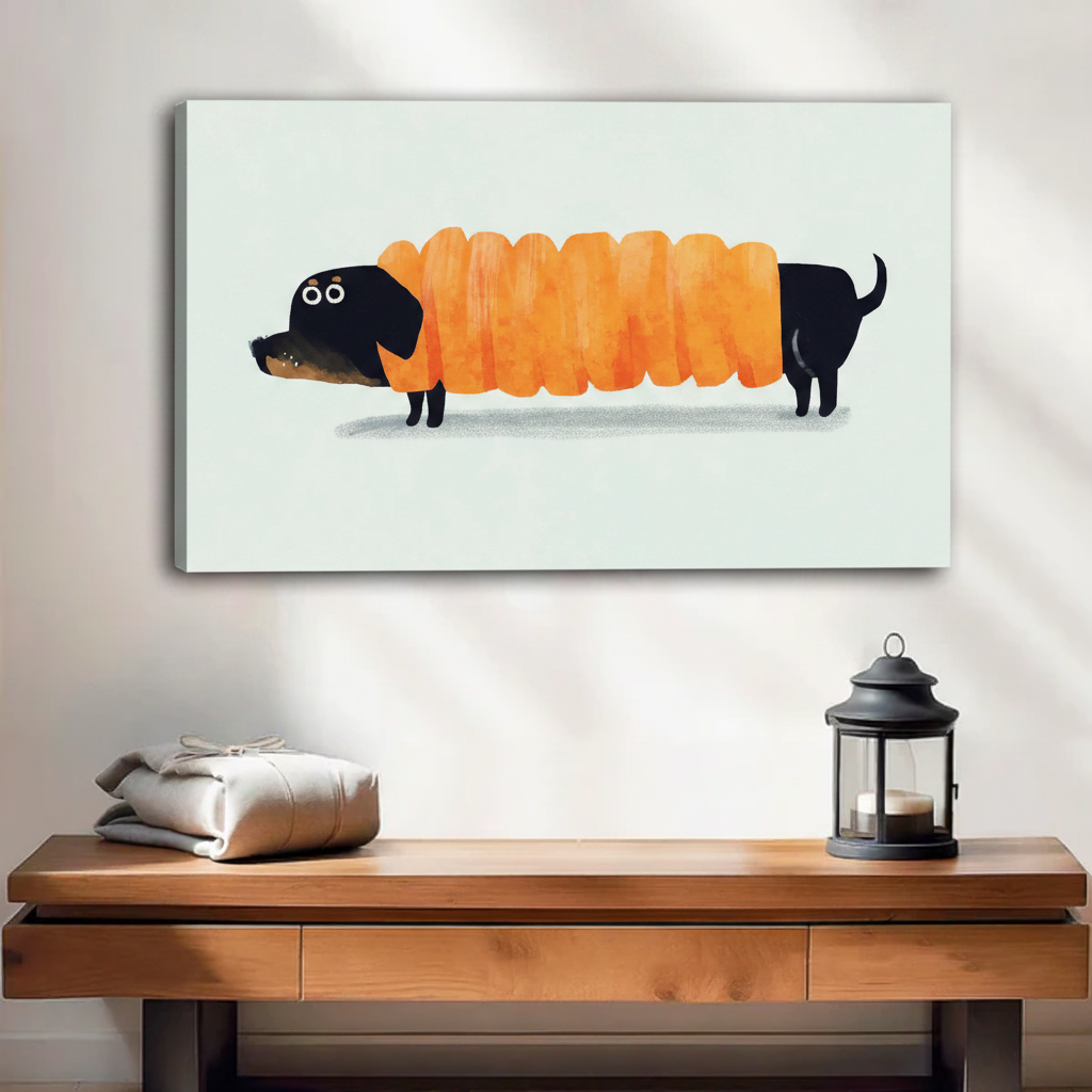 Dachshund wrapped in bread canvas art gallery wrap — whimsical funny dog wall decor for pet lovers