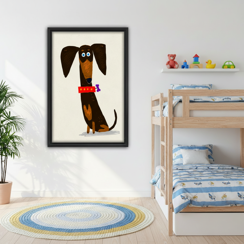 Cute dachshund dog framed poster wall art in kids bedroom above bunk bed, playful nursery decor