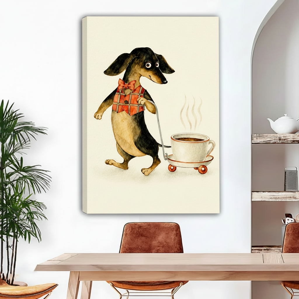 Cute dachshund with coffee cup watercolor gallery wrap canvas wall art no frame in dining room, funny dog in plaid vest wall decor
