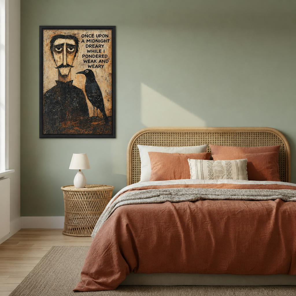 Framed Edgar Allan Poe raven canvas wall art displayed above a rattan bed
