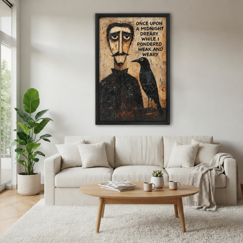 Edgar Allan Poe raven canvas wall art displayed above a white living room sofa