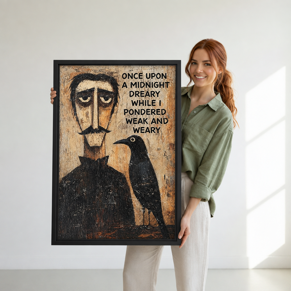 Woman holding large framed Edgar Allan Poe raven canvas wall art with a gothic quote
