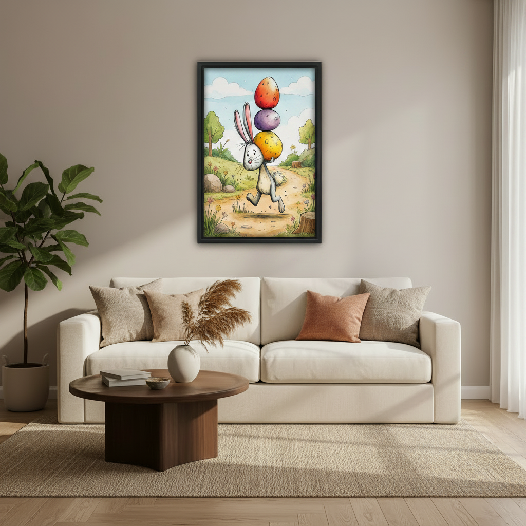 Funny Easter bunny illustration print, cartoon rabbit balancing eggs in spring meadow, holiday wall art