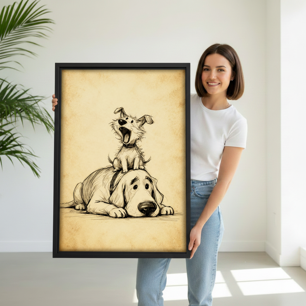 Woman holding funny two dogs vintage sketch wall art print, black frame, humorous pet illustration, dog lover gift idea