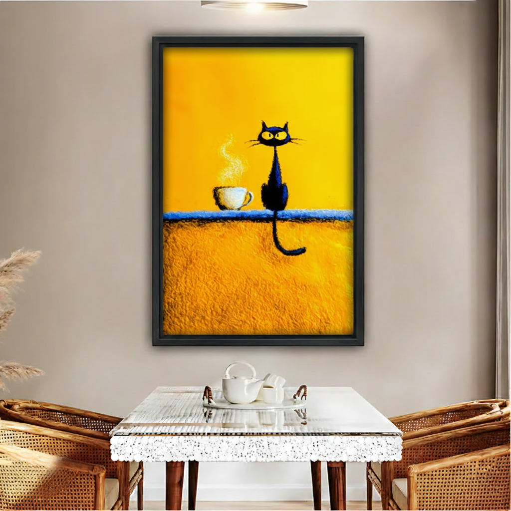 Black cat sitting beside steaming coffee cup golden yellow minimalist canvas wall art in black frame, dining room decor