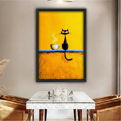 Black cat sitting beside steaming coffee cup golden yellow minimalist canvas wall art in black frame, dining room decor