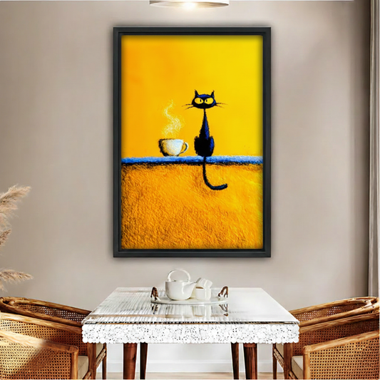 Black cat sitting beside steaming coffee cup golden yellow minimalist canvas wall art in black frame, dining room decor