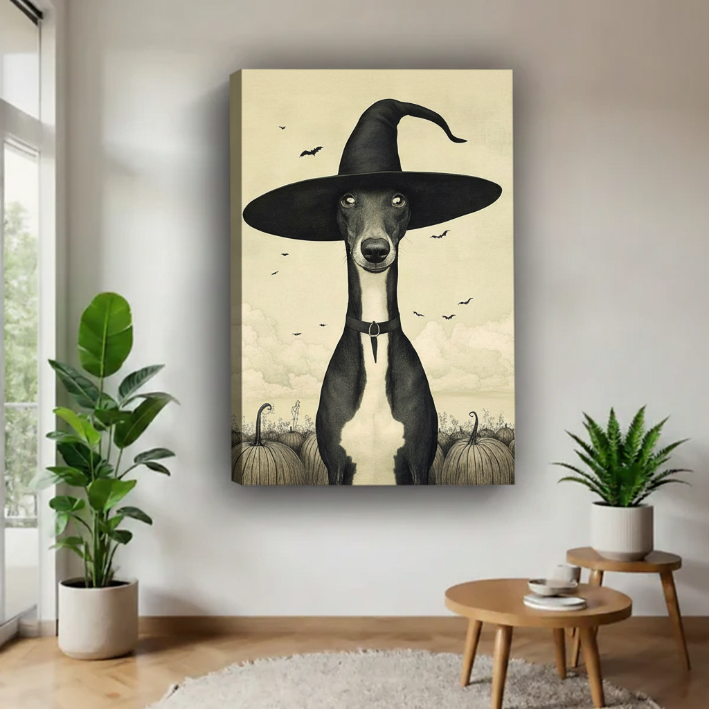 Greyhound witch hat gothic unframe wall art print in cozy bedroom with sage green walls — moody dark decor