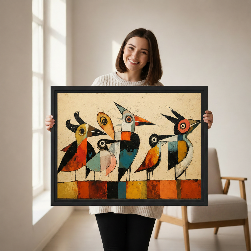 Woman holding large cubist abstract birds canvas print, colorful geometric bird wall art, bold eclectic home decor gift idea