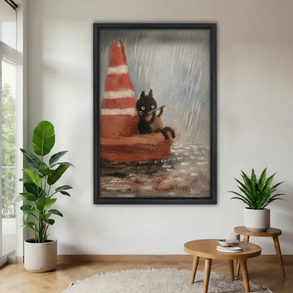 Black cat playing flute in rain oil painting canvas wall art — whimsical impasto style, framed, modern living room decor
