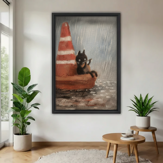 Black cat playing flute in rain oil painting canvas wall art — whimsical impasto style, framed, modern living room decor